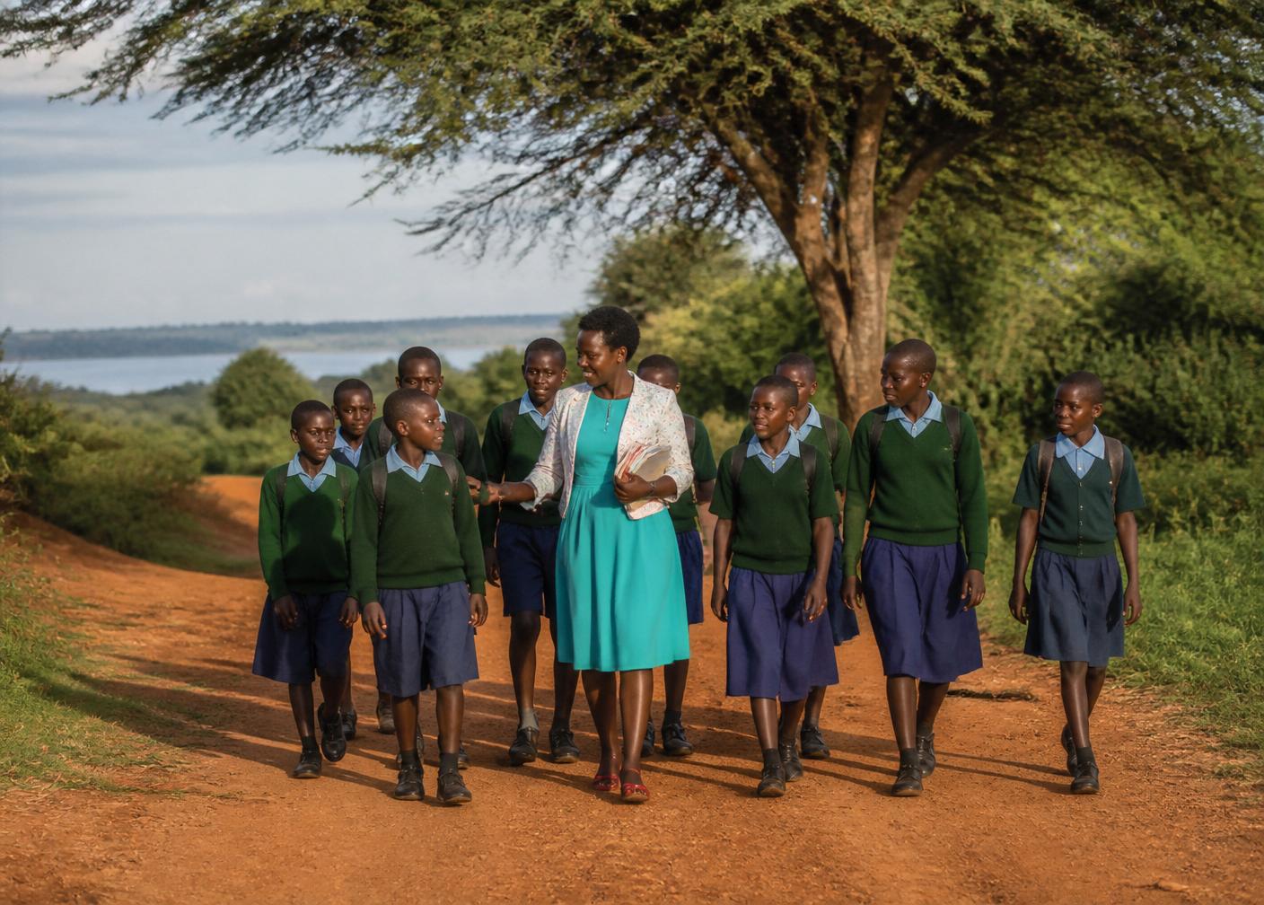 A teacher walking with students near Siaya