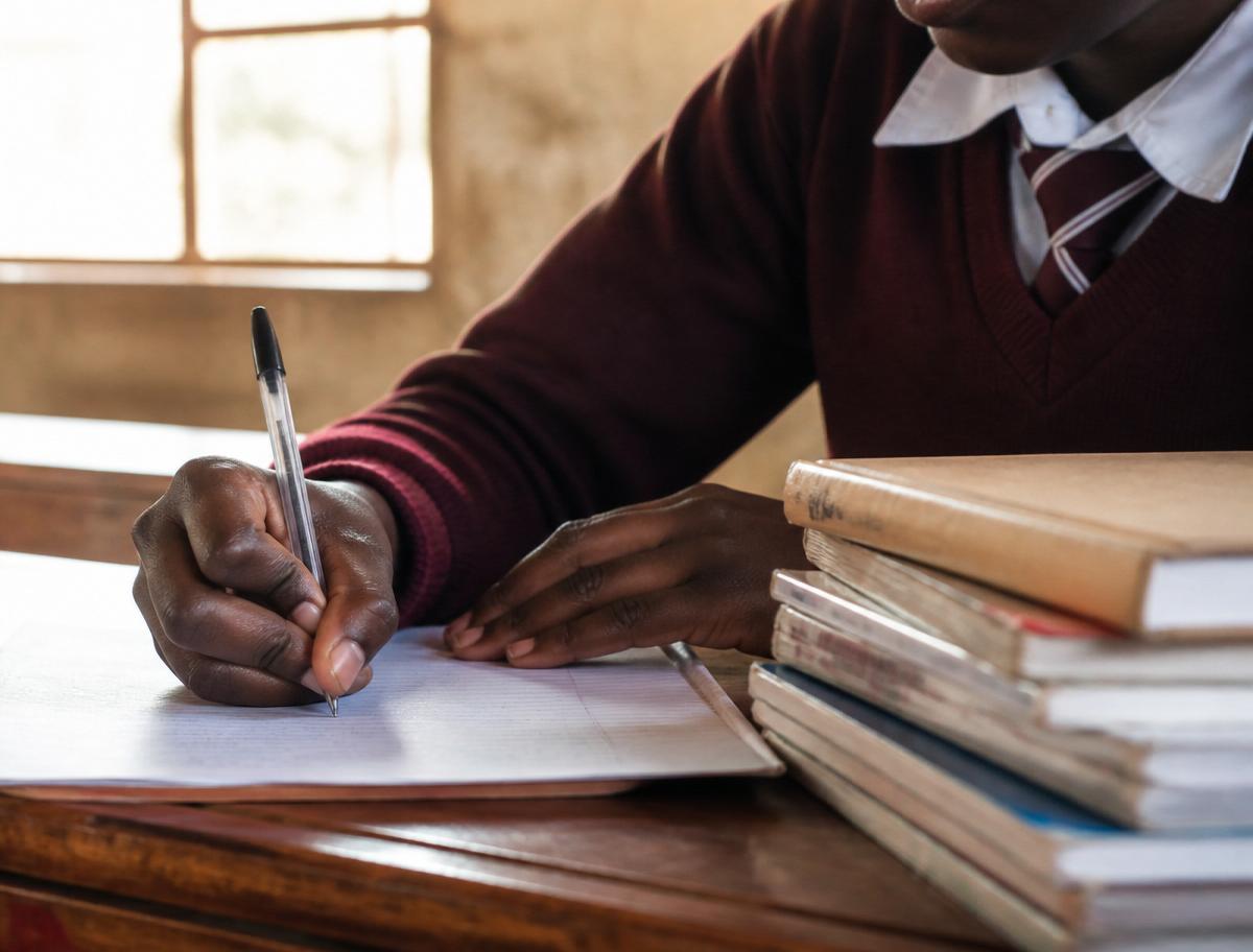 Student writing at a desk